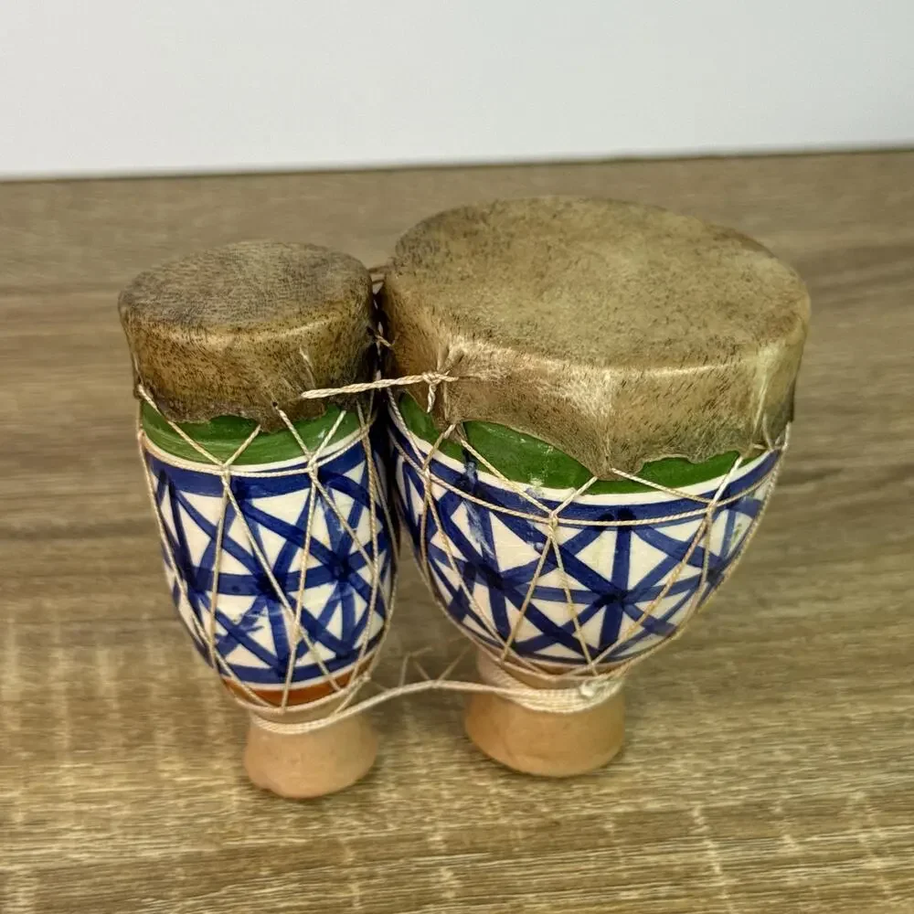 Vintage Hand-Painted Moroccan Tam-Tam Drums – Double Bongos Folk Art Miniature